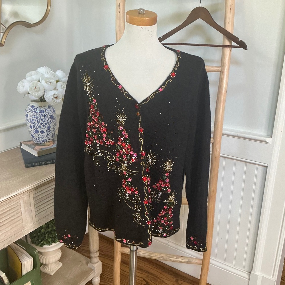 Kim Rogers Black Beaded Christmas Tree Cardigan Sweater XL V-Neck Button Front